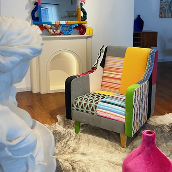 Диван за един човек от плат в европейски стил, мека чанта ръчна изработка в стил мозайка, диван-стол за дневна в контрастен цвят