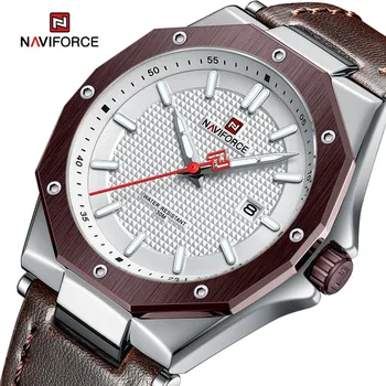 Дизайн NAVIFORCE, Нов Моден календар, кварцови часовници за мъже, кожена каишка, ежедневни мъжки водоустойчив часовник Relogio Masculino