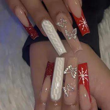 Дълъг Коледен външен нокти, подходящи за носене, външен нокти в рождественском стил, бял френски край, Елена, брилянт дизайн, пълен набор на върховете на ноктите
