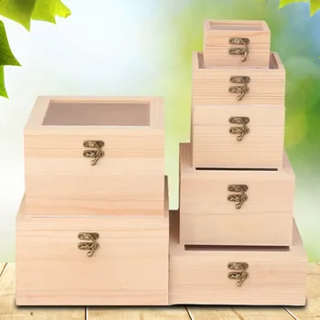 дървена кутия за съхранение, 1 бр., Прости дървени кутии С прозрачен капак, богат на функции Квадратна подарък кутия за панти, Органайзер за съхранение на бижута