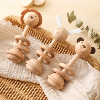 Дървени играчки-дрънкалки с животни за новородени Дървена прорезыватель за деца от 0-12 месеца, Бебешки аксесоари Cartoony роман Инструменти за грижа за детето, Играчки-прорезыватели