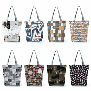 Еко пазарска чанта с флорални принтом Котки, чанти за жени, за Многократна употреба Сгъваеми хранителни чанти-тоут, Сладки мультяшные чанта през рамо