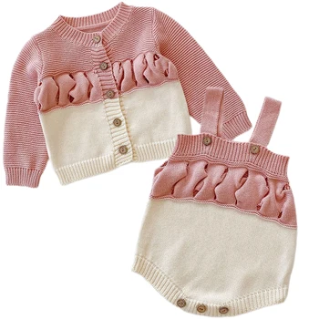 Есенен комплект вязаной дрехи за малките момичета, розова жилетка принцеса, палта + гащеризон, Пролетен комплект вязаной дрехи за новородени момичета