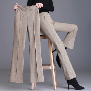 Есенно-зимни вълнени Широки панталони Женски 2024 Корейски Широки панталони с висока засаждане, Универсални прави панталони от стрейчевой смес от вълна