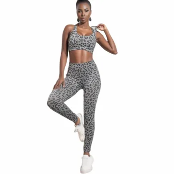 Жена Леопардовый безшевни комплект за йога, съкратен топ + гамаши, спортно облекло за фитнес зала, дамски чорапогащник с висока талия, повдигащ, костюм за бягане