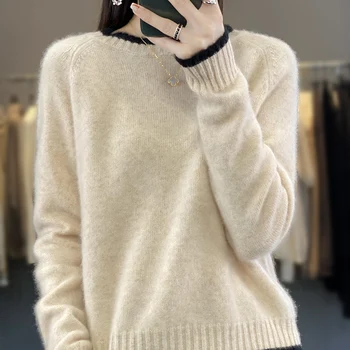 Жена мек пуловер от 100% чиста вълна, Вълнен Пуловер с кръгло деколте, ежедневни топли възли върхове, есенно-зимно дамско яке Корейската мода