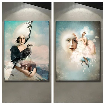 Жена, Птица и още един светлинен лице в небето, маслени бои, Артистична декорация на стени