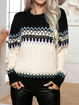 Жена Ретро пуловер с шарени Аргайла, пуловер с дълъг ръкав и кръгло деколте, Свободни блузи, големи размери, жилетка