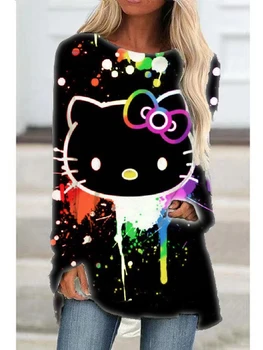 Женска тениска на Hello Kitty С Анимационни 3D Принтом И Кръгло деколте, Без Ръкав Raglan, Хип-хоп Вечер Случайни Улични Рокли y2k