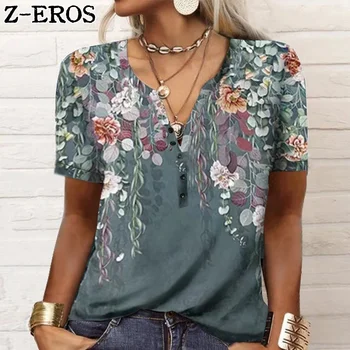 Женска тениска с принтом Z-EROS С къси ръкави И U-образно деколте и копчета, Елегантен И удобен Топ С дълги ръкави, Свободни Топ За пътуване до работа В ретро стил