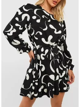 Женско черно-бяло абстрактно рокля midi голям размер 2023, новата мода, с дълги ръкави, за отслабване, Темпераментен Проста къса пола