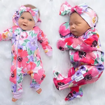 Зима Есен Облекло за новородени момичета Тела с флорални принтом с цип Памучни тела 0-24 м