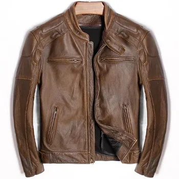 Зимно мъжко яке от естествена телешка кожа, мотоциклети яка-часова, винтажное класическо палто от естествена кожа с цип, тънка кафява байкерская яке