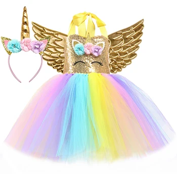 Златни пайети рокля с единорогом за момичета, детски подарък за рожден Ден, цветя, рокля пакетче принцеса, детски костюм за cosplay на Хелоуин