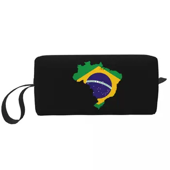 Изработена по поръчка на Карта на Бразилия, Флаг, Чанта за тоалетни принадлежности за жени, Бразилски Патриотичен Козметични Органайзер за грим, кутия за съхранение на козметика за дама, кутия за набиране на козметика