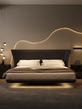 Италианската минималистичная кожено легло, малък апартамент, черна плаващ легло, модерна минималистичная двойно легло в основната спалня, брачното легло