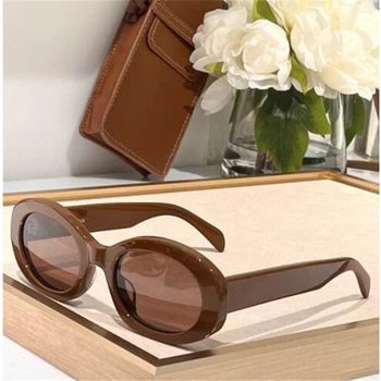 Кафяви ацетатные слънчеви очила луксозна марка, женски овални очила, оригинална опаковка