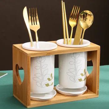 Керамична поставка за пръчици за хранене Бамбук в Дървена Кухня Домакински Поставка за пръчици за хранене две тръби Поставка за съхранение на вилици и лъжици