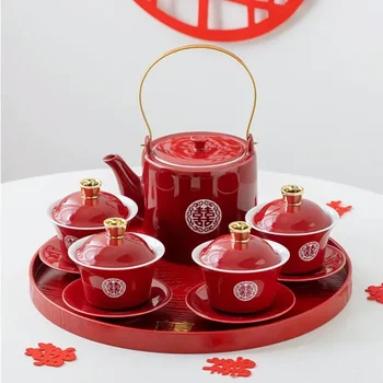 Китайски Червен Керамичен Чай Gaiwan Чайник В Кръгла Тава Чайник, ръчна изработка Домашни Сватбени Комплекти за чай прибори Аксесоари, Луксозни Подаръци