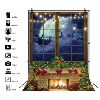 Коледна Зимна фон за фотофестивалей Селска навечерието на Дядо Коледа Луната Камина Цветен Венец Прозорец Детски фонове, за снимки