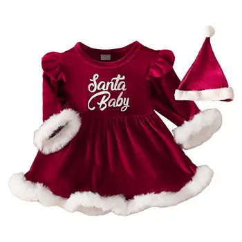 Коледна червена рокля за деца, рокли-трапец с дълги ръкави и шапка за малки момичета, сладък коледен костюм