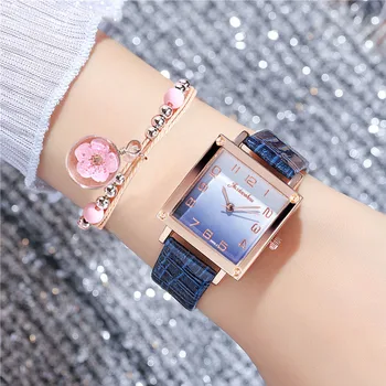 Комплект от 2 теми, дамски часовници с гривната, модерен часовник с квадратен циферблат, цветна гривна, кварцов механизъм, дамски ръчен часовник