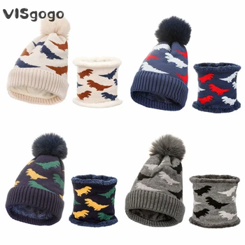 Комплект от детска шапка и шал VISgogo с принтом динозавър, зимни вязаная шапчица и шал в формата на кръг за малки момчета, аксесоари за студено време