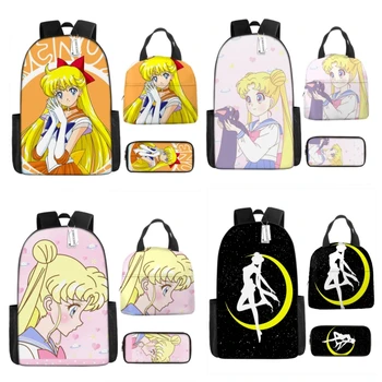Комплект от три елемента с 3D печат аниме Sailor Moon Раница Училищна чанта за студенти Чанта за обяд Чанта за моливи Детска чанта за компютър