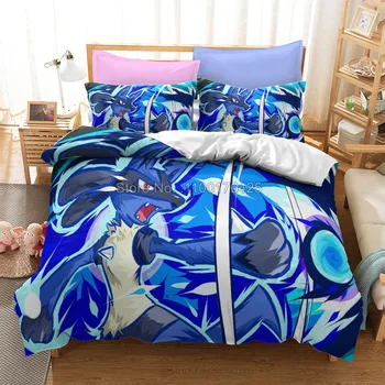 Комплект спално бельо Blue Animal Pokemon, Супер Мек Индивидуален комплект стеганого одеяла, спално бельо кралския размер, за момчета и момичета, подаръци