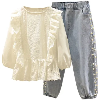 Комплекти дрехи за момичета от 2 теми, пролетно-есенен детски дрехи, Корейската модерна бяла тениска с дълги ръкави + дънки, детски марка дрехи BC553