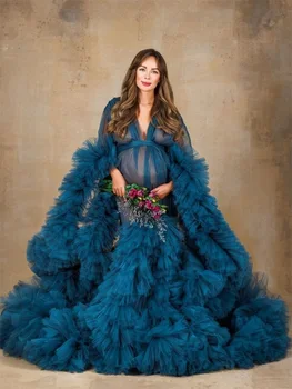 Королевско-сини сватбени рокли за бременни, за фотосесия с V-образно деколте и колан, дълги ръкави, халат за бременни, сшитое на поръчка Женствена рокля за бала