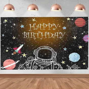 Космически Рожден Ден Backdropr Момче Galaxy Фон за снимки Астронавт Блестящо Бижу Планета Торта Банер Подпори за фотосесия