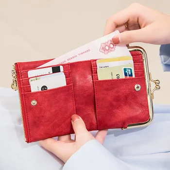 Кратък жена чантата си с нов клип за монети, Ретро Многофункционален сгъваем портфейл, чанта за карти, дамска мода Проста