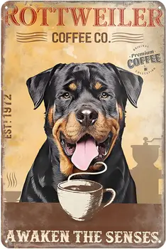 Кучето Е Ротвайлер Лидице Знак На Кафе Събужда Чувства Забавно Метална Табела Ретро Декор Домашната Кухня Бар Селска Къща Ранчо Кафенета