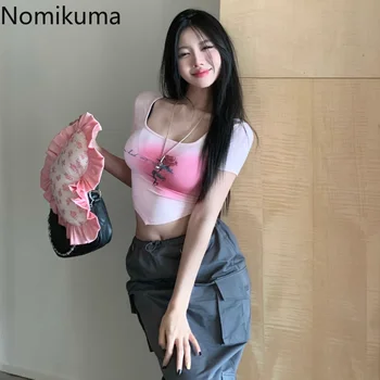 Летни блузи Nomikuma Y2k с къс ръкав, квадратни деколтета, нередовни подолом тениска за жени, Реколта Сладка Секси Модни дамски дрехи