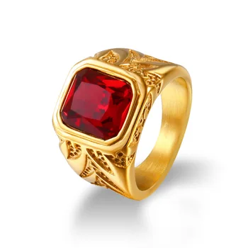 Луксозен пръстен с червен цирконием златен цвят, класически тенденция мъжки ежедневни украса за партита в стил пънк