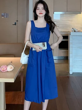 Лятото е Синьо Секси рокля-прашка с квадратна яка, Женски Обикновен Елегантен Всекидневен Плажен сарафан от Сельмы 2023, Корейското Модно Вечерна рокля за парти