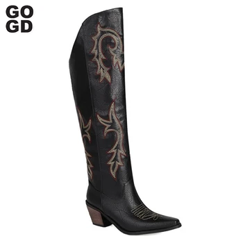 Марка GOGD/ Модни Дамски ботуши до коляното в Западен стил с бродерия, високи ботуши до коляното На масивна обувки, Обувки на платформа, Каубойски Каубойски ботуши