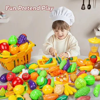 Модел на кухня с плодове и зеленчуци, ролеви игри, режещи играчки, имитация на готвене за деца, подарък за Коледа за малки деца