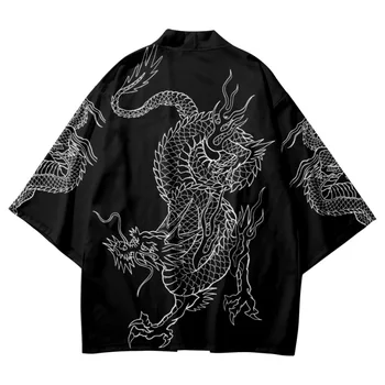 Модерна риза, традиционно кимоно и панталон с принтом хаори с черен дракон, женски Мъжка жилетка, Плажен жилетка, юката, азиатски облекло