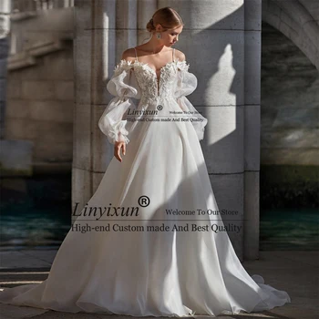 Модерна сватбена рокля трапецовидна форма с дълбоко V-образно деколте на спагети презрамки, Прозрачен ръкав, дантелени апликации, сватбена рокля от шифон robe de mariée