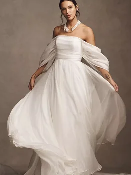 Модерна сватбена рокля трапецовидна форма от шифон с лодка деколте и открити рамене, Vestido de новия за, Сватбени рокли с влак, халат за булката