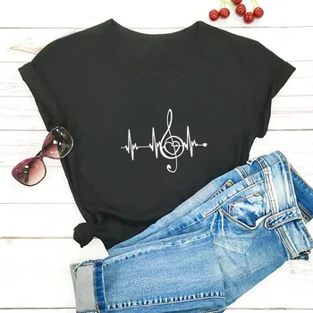 Модни и Ежедневни Лятна Тениска Camisetas Mujer С Шарките на Сърдечния Ритъм, Дамски Памучен Тениска с кръгло деколте и Къс Ръкав за Жени