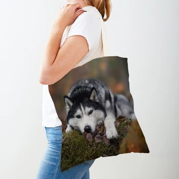 Модни холщовая женствена чанта за пазаруване за кучета, порода хъски, Множество ежедневни чанти-тоут с мил домашен любимец с двойно принтом за жени