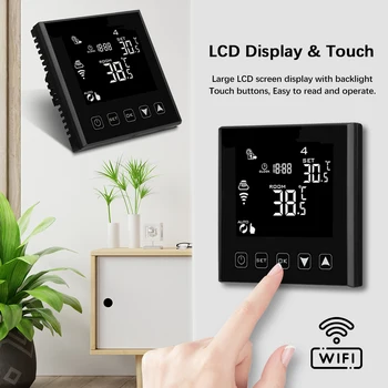 Монтиране на стена WiFi Умен термостат с LCD дисплей, Сензорен екран електрическото подово отопление Температурата на водата дистанционно управление с термостат