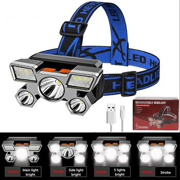 Мощна акумулаторна 5LED USB фенерче, за риболов, фарове за къмпинг, фарове за лов, факел за туризъм