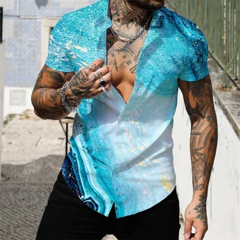 Мъжка риза за плаж, сърф с гавайским принтом 3D Digital Geometry muscle с къс ръкав