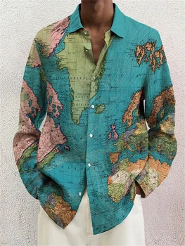 Мъжка риза с дълъг ръкав и ревери, свободна Ежедневни облекла на открито, пролет-лято, висококачествени материали, отстрочка по картата, клетчатая 3D печат, по-големи размери
