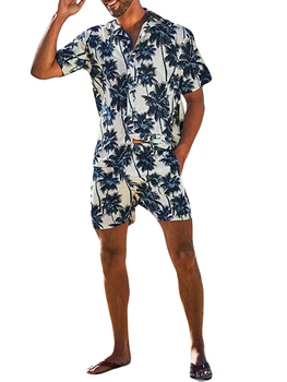 Мъжка риза с къс ръкав и къси панталони с гавайским принтом - тропически комплект дрехи за лятната ваканция