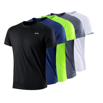 Мъжки бързосъхнеща тениска за бягане във фитнеса с къс ръкав, впитывающая влагата, с кръгло деколте, за тренировки, спортна риза за фитнес зала, топове, леки